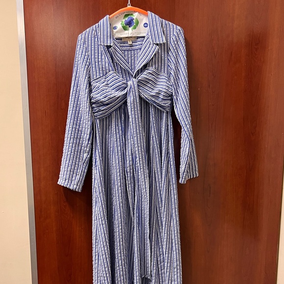 Porridge Tie-Front Shirt Dress Size Small Maxi Blue Stripped Button Front Pocket - Picture 17 of 17